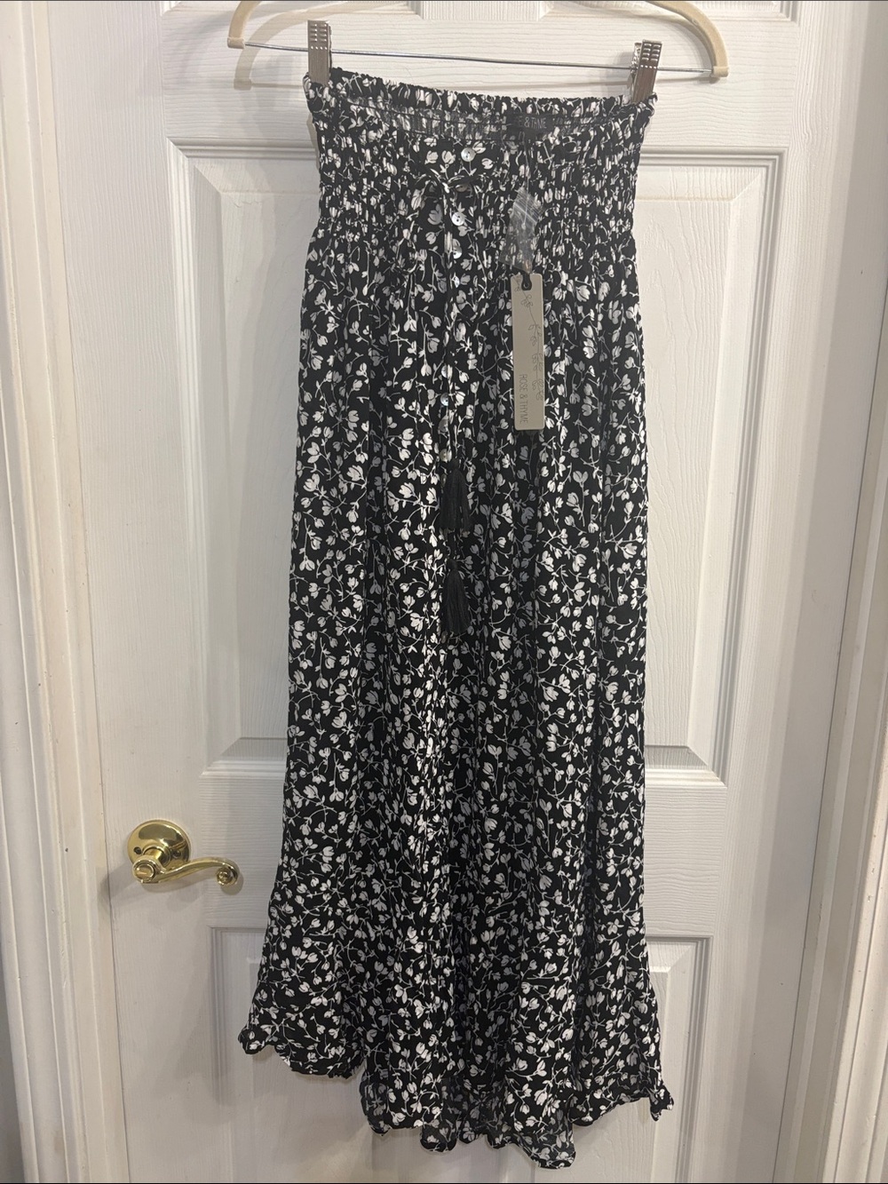 Smocked Waist Black and White Floral Maxi Skirt